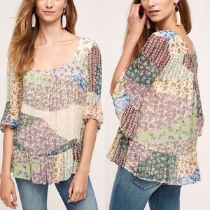 Anthropologie Floreat Patchwork Chiffon Blouse M Flare Sleeves Fairy Floral Boho